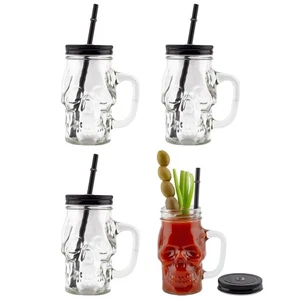 Skull Mason Jar Mugs, 4pc Set, Clear 12oz Glasses w/ Reusable Straws- Darware - Picture 1 of 10