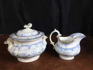 Viktorianisches Zuckerdose und Milchkännchen Set blau Transfergeschirr mit goldenen Details - Bild 1 von 9