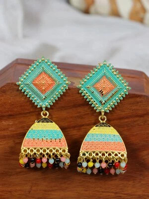 Pendientes Tradicionales Indios Chapados en Oro Étnicos Multicolor Mujer Jhumka Jhumki Foto 1 de 4