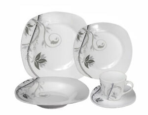 20 Pcs Porcelain Square Dinnerware Set - Matte Silver and Black Floral Design