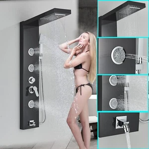 Black Shower Panel Tower System w/ Message Jets Tub Spout Handheld Shower Head - Picture 1 of 12