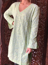 Boho Gypsy Hippy Green Sequin Embroidered Cotton Summer Comfy Blouse Kurti XS