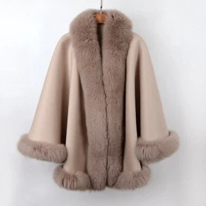 Women's Brand New Camel Beige Tan Cashmere Wool Wrap Cape Fox Fur - Picture 1 of 5