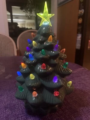 Ceramic Christmas Tree Large Green Tabletop Tree Multicolored Lights 11" w Timer - Image 1 of 4