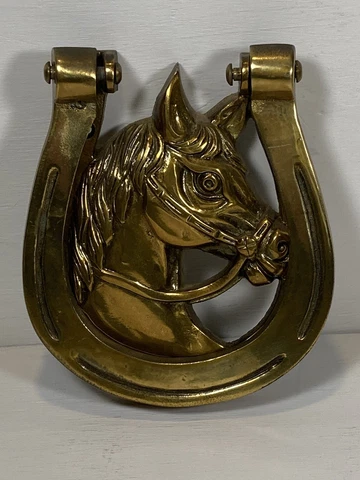 Vintage Brass Horse Head Horseshoe Door Knocker Mounting Hardware Lucky 🍀 NOS Cover