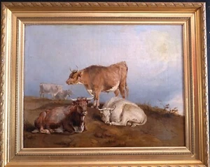 18th CENTURY LONG HORNED CATTLE RESTING in LANDSCAPE SIGNED ANTIQUE OIL PAINTING - Picture 1 of 8