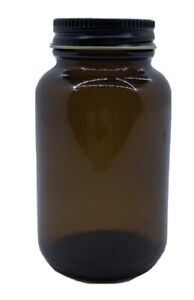 Amber Brown Glass Bottle Jar Black Metal Screw Lid 4" Tall Vitamin Medicine