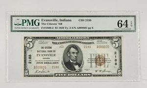 1929 $5 Citizen's Bank Of Evansville PMG Choice Uncirculated 64 EPQ - Picture 1 of 3