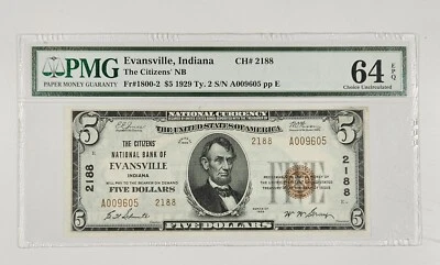 1929 $5 Citizen's Bank Of Evansville PMG Choice Uncirculated 64 EPQ - Image 1 of 3