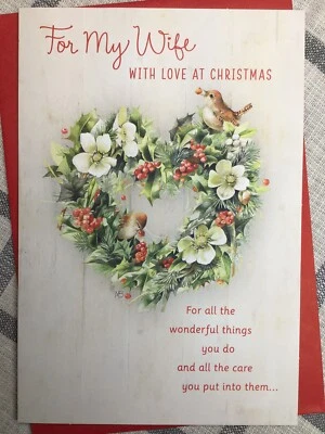 Hallmark Merry Christmas Cards Loving Wife Heart Wreath Birds 8x5.25 Expressions