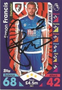 SIMON FRANCIS SIGNED BOURNEMOUTH AWAY KIT 2016/2017 MATCH ATTAX TRADING CARD+COA - Picture 1 of 1