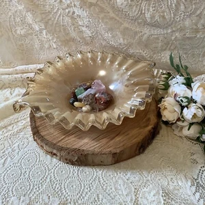 Murano Italia beige/oro borde con volantes componente de vidrio ornamentado plato cuenco 12"x8.5" - Imagen 1 de 10