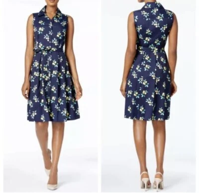 Vestido Camisa Charter Club Estampado Limón Cuello Abotonado Plisado Azul Oscuro Talla 4 Foto 1 de 4