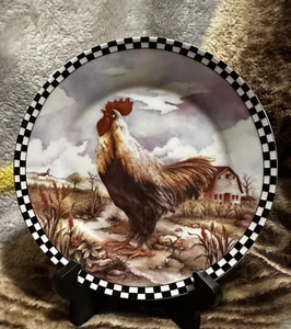 Rooster Country Farmhouse Decorative Plates Checkerboard Edge - Picture 1 of 4
