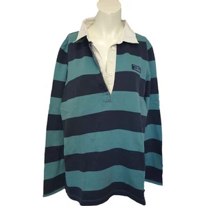 LL Bean Rugby Shirt womens L P2P 22 Green Striped Cotton - Picture 1 of 13