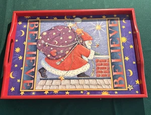 Vintage 1992 Mary Engelbreit Wood Xmas Santa Believe Tray IOB 16.5 in x 11.5 in - Picture 1 of 13