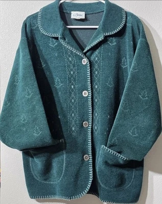 Cardigã suéter de malha vintage L padrão de árvore de Natal botão robusto nórdico  - Imagem 1 de 4