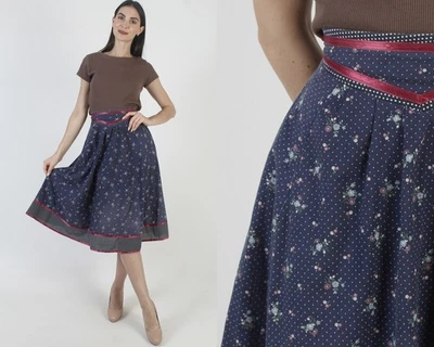 Vtg Gunne Sax Skirt Navy Calico Swiss Dot Peasant Prairie High Waist Boho Midi - Image 1 of 4