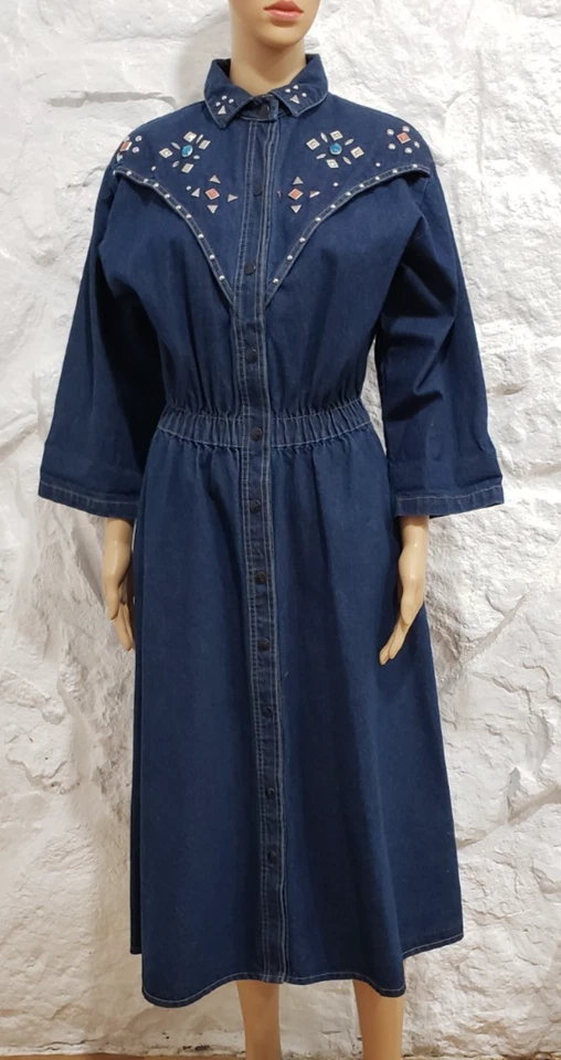 Vestido vaquero vintage boho western chic años 80 con tachuelas para mujer talla mediana Foto 1 de 4