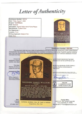 TED WILLIAMS HOF Signed Autograph Auto Hall of Fame Plaque Red Sox JSA 💎LOA - Image 1 of 4