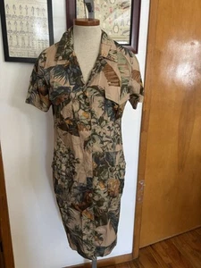 VINTAGE: 100% COTTON Monkey Jungle Palm Safari Shirtdress SZ.S (KHAKI) - Picture 1 of 6