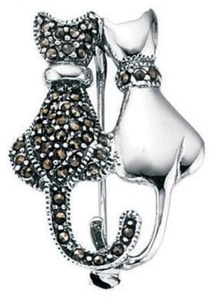Elements 28mm 925 Polished Sterling Silver Marcasite Black & White Cats Brooch - Picture 1 of 3