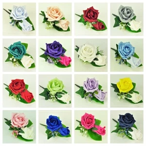 Artificial Wedding Flowers Double Foam Rose & Gypsophila Buttonhole 78 Colours - Picture 1 of 313