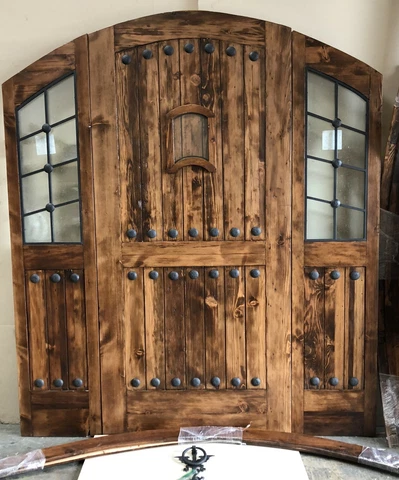 Rustic ALDER solid lumber eyebrow arch glass door speakeasy wroughtiron sidelite Cover