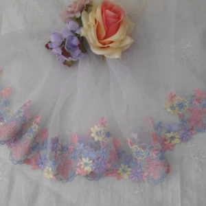 EMBROIDERED LACE TRIM-BLUE/PINK/LEMON - Picture 1 of 2