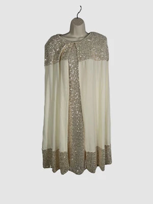 $595 Badgley Mischka Women's Ivory Sequin Cape Shift Dress Size 8 - Image 1 of 4