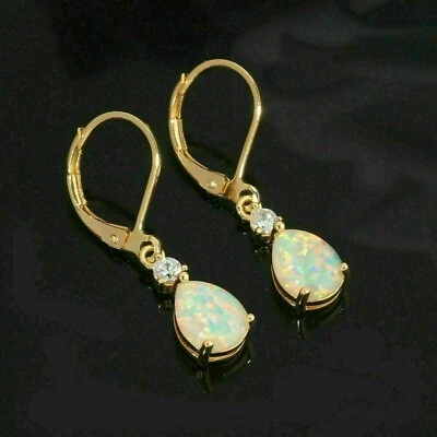 3 Ct Pear Cut Fire Opal & Diamond Drop & Dangle Earrings 14k Yellow Gold Finish - Image 1 of 4