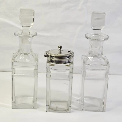 Juego de condimentos vintage cruet placa de plata y vidrio 3 piezas cuadrado con bandas Foto 1 de 4
