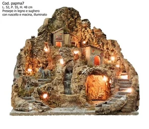Presepe artigianale con ruscello e macina con asinello illuminato - Foto 1 di 1