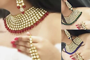 Indian Gold Plated Kundan Choker Bridal Necklace Earrings Tikka Jewelry Set - Picture 1 of 15