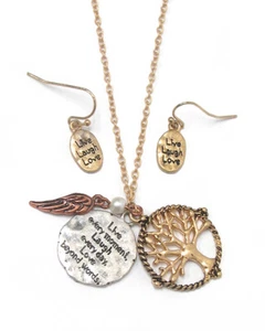 Live Laugh Love Tree Of Life Round Disc Tree Disc Angel Wing Long Necklace Set - Picture 1 of 1
