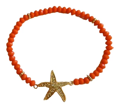Pulsera Estrella de Mar Coral Chapada en Oro Cristal Elástico Naranja Cuentas Náuticas Foto 1 de 4