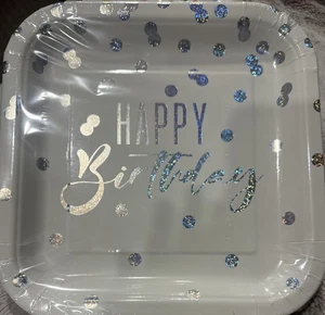 Platos de cena de papel cuadrados de lunares de papel de aluminio plateado de 8 quilates de feliz cumpleaños - 8 3/4 - Imagen 1 de 2