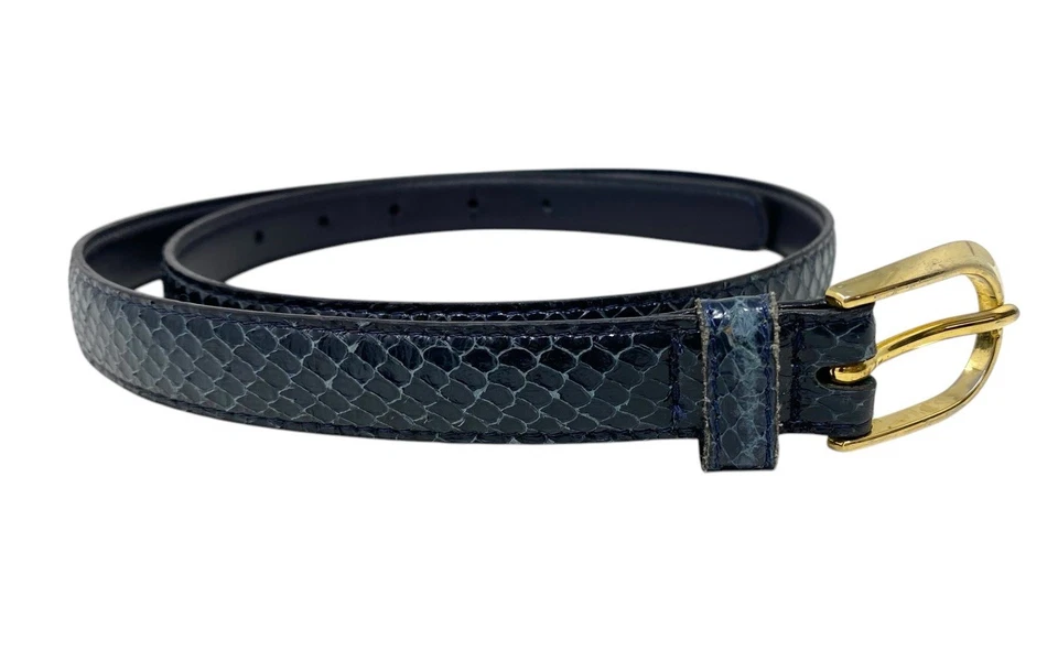 Cinturón delgado de piel de serpiente ajustado azul marino hebilla tono dorado talla M mediano para mujer Foto 1 de 4