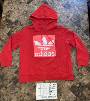 Adidas Originals: Red Hoodie W/Neon Pink Trefoil Velvet Logo: Women's Size XL - Image 1 of 4