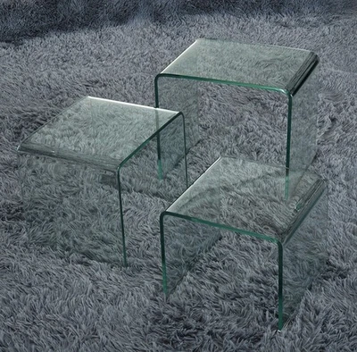 Nest of 3 Bent Glass Coffee Table Modern Nesting Side Table for Living Room - Image 1 of 2