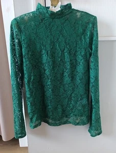Zara Size 8 Green Lace High Neck Long Sleeve Top With Beaded Cuffs - Picture 1 of 10