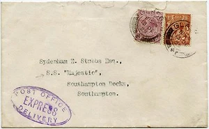 GB POST OFFICE EXPRESS DELIVERY to SHIP SS MAJESTIC 1929 KG5 7 1/2d FRANKING - Picture 1 of 2