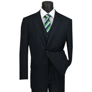 VINCI Men's Navy Blue Pinstripe 3-Piece 2-Button Classic-Fit Suit - NEW - Picture 1 of 3