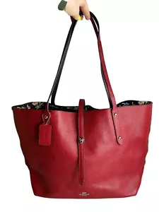 Coach Red Pebbled Leather Market Tote Bag With Floral Interior GORGEOUS - Picture 1 of 12