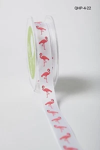MAY ARTS~GROSGRAIN RIBBON~TROPICAL FLAMINGOS~WHITE & FUCHSIA~ 3/4" WIDE X 1 YD! - Picture 1 of 1