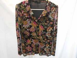 Jane and Delancey Black with Floral Button Up Shirt Size Small Lined Polyester - Picture 1 of 5