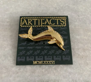 NOS Tag Artifacts Gold Tone Rhinestone Dolphin Brooch Pin - Picture 1 of 4