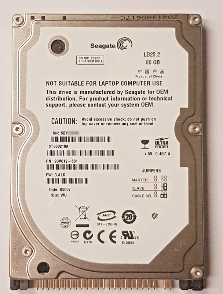 80 GB IDE Seagate LD25.2 ST980210A 5400RPM 2MB HDD 2.5" Internal Hard Drive - Image 1 of 1