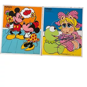 Vintage Playskool Wooden Puzzles 2 Mickey & Minnie Miss Piggy & Kermit USA - Picture 1 of 9