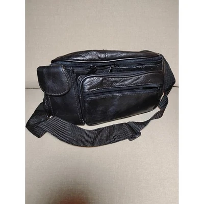 Black Leather Fanny Pack Waist Bag Multiple Pockets Adjustable Strap Travel - Image 1 of 4
